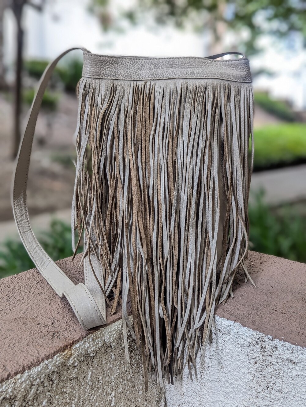 Clhei Leather Fringe Shoulder Bag Luxury Western Cowgirl Pebbled Stone Beige